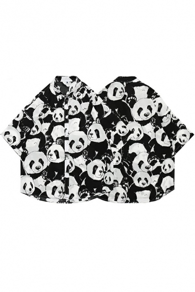 Men Casual Shirt Panda All Over Printed Short Sleeve Lapel Button Closure Loose Fit Shirt in Black-White