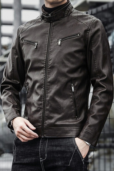 Men Cool Leather Jacket Plain PU Stand Collar Zip-Fly Pocket Detailed Slim Fitted Leather Jacket