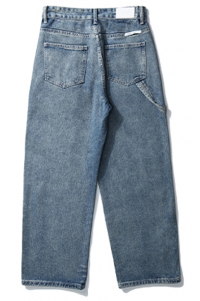Men Retro Jeans Pure Color Zip Closure Stretch Denim Two-Pocket Styling Loose Fit Jeans