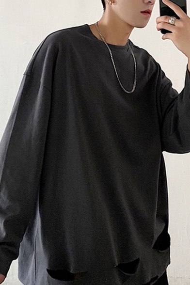 Men's Cool Sweatshirt Solid Color Distressed Long Sleeve Round Collar Relaxed Pullover Sweatshirt Top