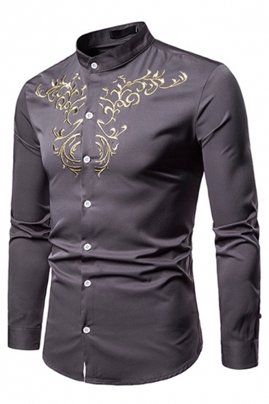 Men's Elegant Shirt Embroidered Detail Button Closure Stand Collar Long Sleeve Regular Fit Shirt