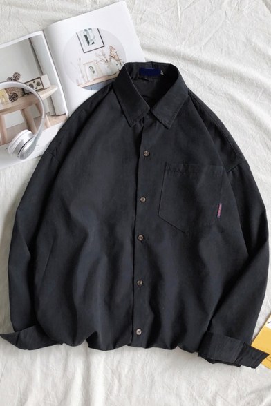 Men Simple Shirt Plain Button Detailed Turn-down Collar Front Pocket Long Sleeves Loose Shirt