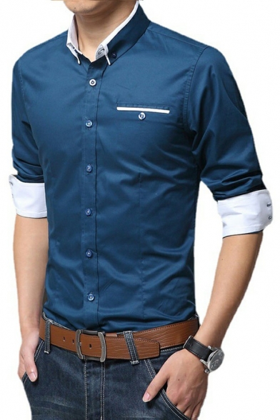 Mens Basic Shirt Chest Pocket Button-down Collar Roll Up Sleeve Slim Fitted Shirt Top
