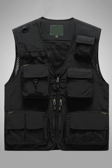 Mens Cool Vest Solid Color Pockets Decoration Zipper Closure V-Neck Utility Loose Cargo Vest