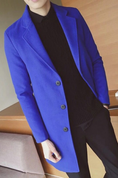 Mens Elegant Woolen Coat Plain Single Breasted Suit Collar Long Sleeve Regular Fit Woolen Coat