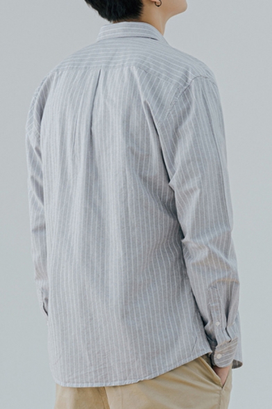Mens Formal Shirt Stripe Printed Chest Pocket Long Sleeve Turn Down Collar Button Up Regular Fit Shirt