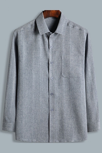 Mens Leisure Shirt Stripe Pattern Chest Pocket Long Sleeve Turn Down Collar Button Closure Relaxed Shirt