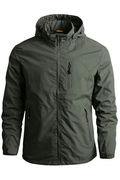 Mens Simple Jacket Solid Color Velcro Cuff Zipper Closure Regular Fit Long Sleeve Waterproof Hoodie Jacket