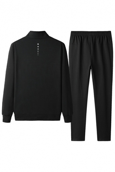 Mens Sporty Co-ords Plain Zipper Closure Stand Collar Long Sleeve Sweatshirt & Long Pants Fitted Co-ords