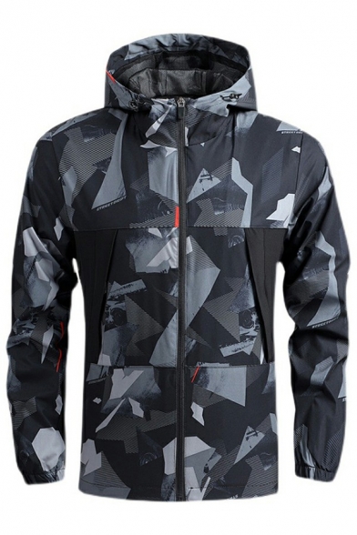 Mens Sporty Jacket Camo Printed Long Sleeve Drawstring Detail Zip-up Fitted Hooded Jacket
