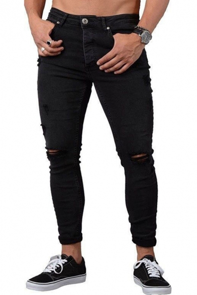 Modern Jeans Pure Color Shredded Zip Fly Two-Pocket Styling Stretch Denim Slim Fitted Jeans for Men