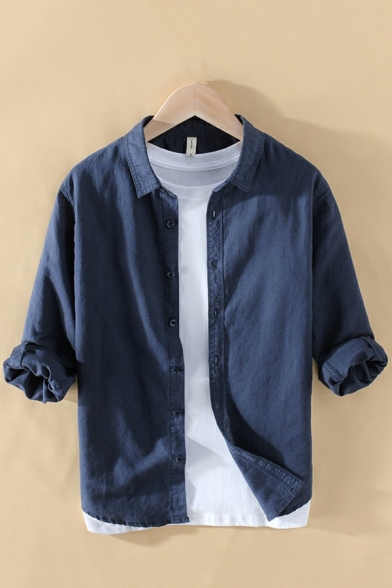 Modern Shirt Plain Button Closure Long Sleeve Spread Collar Regular Fit Shirt Top for Men