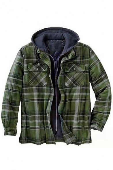Popular Jacket Plaid Chest Pockets Zip-Fly Long Sleeve Hooded Relaxed Fit Jacket for Men