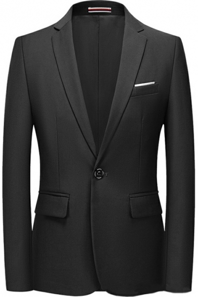 Simple Blazer Solid Color One Button Lapel Collar Flap Pockets Fitted Blazer for Men