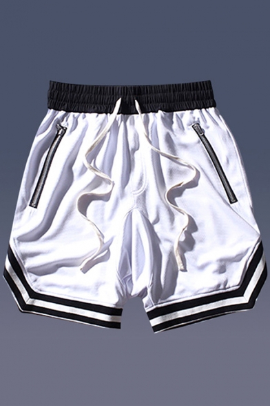 Sporty Shorts Stripe Pattern Drawstrings Zipper Detail Mid-Rise Basketball Shorts for Guys
