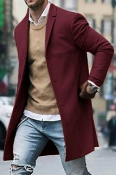 Street Look Guys Coat Solid Color Long Sleeve Notched Collar Single Breasted Relaxed Trench Coat