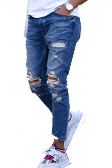 Street Look Jeans Distressed Ripped Ankle Length Mid-Rise Slim-Fit Jeans for Men