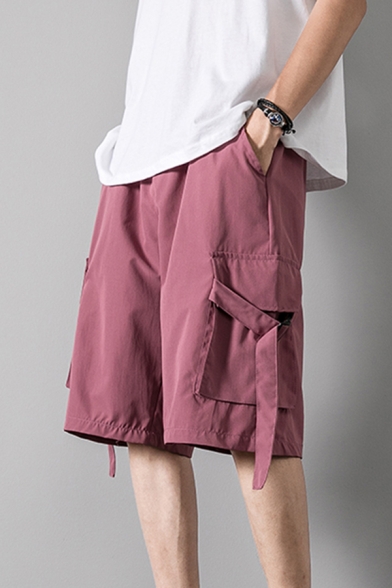 Street Style Boys Shorts Flap Pockets Drawstring Rise Solid Color Straight Cargo Shorts
