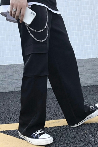 Street Style Plain Cargo Pants Elastic Waist Flap Pockets Ankle Length Straight Pants for Men