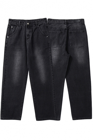 Stylish Black Jeans Plain Faded Stretch Denim Two-Pocket Styling Zip-Fly Loose Jeans for Men