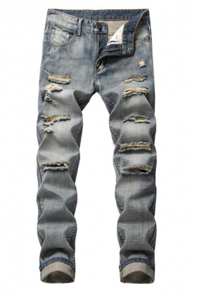 Stylish Jeans Faded Effect Distressed Stretch Denim Two-Pocket Styling Zip Closure Slim Fit Jeans for Men