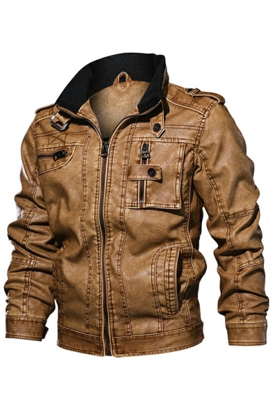 Stylish Leather Jacket Contrasted Zip Closure Long Sleeve Stand Collar Loose Fit Jacket for Men