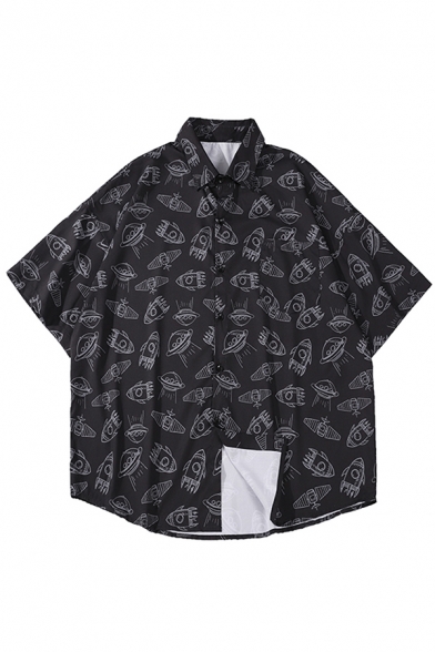 Stylish Shirt All over Rocket Print Button-up Turn-down Collar Half Sleeve Regular Shirt for Men