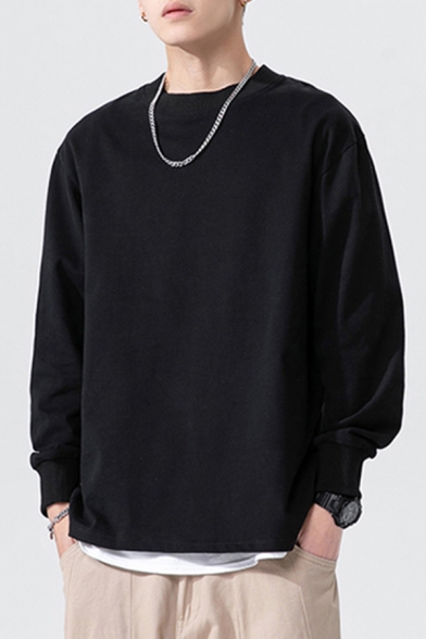 Stylish Sweatshirt Pure Color Long Sleeve Crew Neck Loose Fitted Pullover Sweatshirt for Men