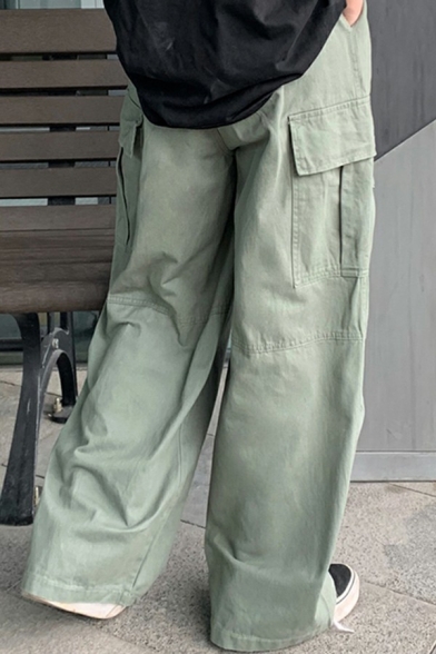 Trendy Cargo Pants Pure Color Elastic Waist Mid-Rise Full Length Oversize Fit Pants for Men