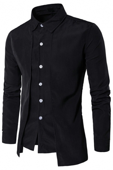 Trendy Men's Shirt Solid Color Button Closure Long Sleeve Slim Lapel Shirt