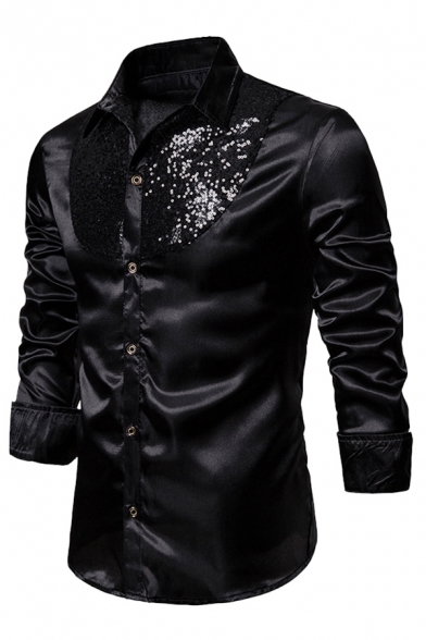 Trendy Shirt Patchwork Sequins Long-Sleeved Point Collar Slim Button Shirt Top for Men
