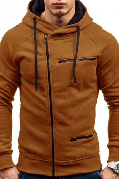 Unique Hoodie Contrasted Zip Closure Long Sleeve Drawstring Fitted Hoodie for Men