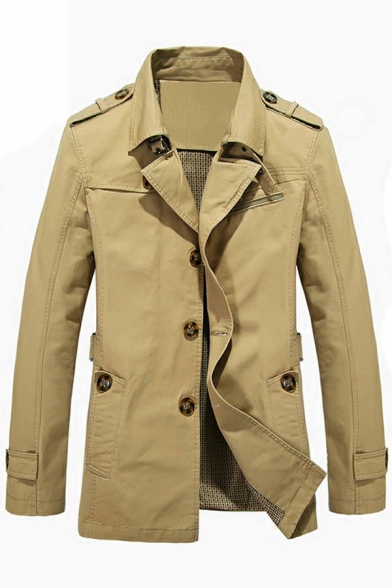 Urban Trench Coat for Men Solid Color Pockets Detail Notched Collar Long-Sleeved Slim Fitted Trench Coat
