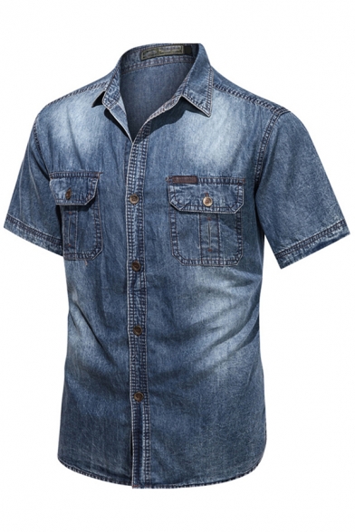 Vintage Mens Denim Shirt Chest Pocket Button Up Short Sleeve Fitted Lapel Shirt
