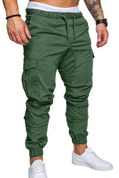 Basic Mens Pants Solid Color Flap Pockets Drawstring Waist Ankle Length Regular Fit Cargo Pants
