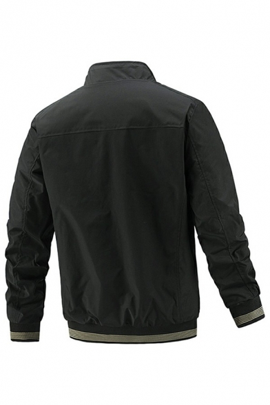 Casual Jacket Pure Color Striped Trim Zip Closure Stand Collar Long-Sleeved Fitted Jacket for Men