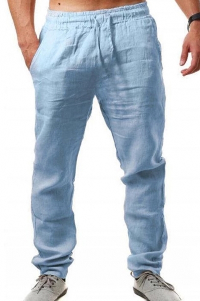 Casual Lounge Pants Pure Color Drawstring Waist Long Loose Fitted Pants for Men