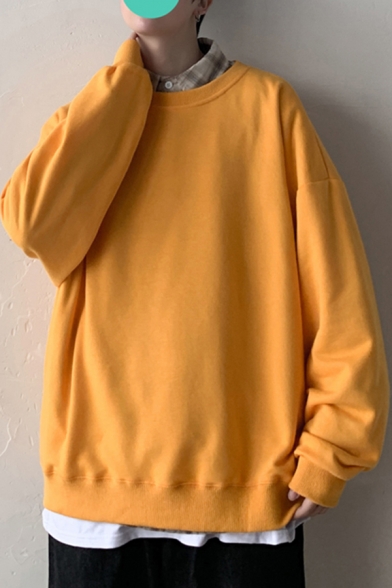 Casual Men's Sweatshirt Pure Color Long Sleeves Crew Neck Loose Fitted Sweatshirt