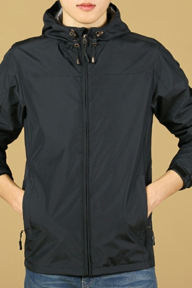 Casual Mens Jacket Solid Color Zipper Closure Long Sleeve Regular Fit Drawstring Hooded Jacket