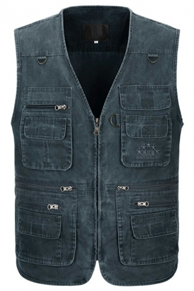 Casual Vest Pure Color Sleeveless Chest Pockets Zip-Fly Regular Fit Cargo Vest for Men