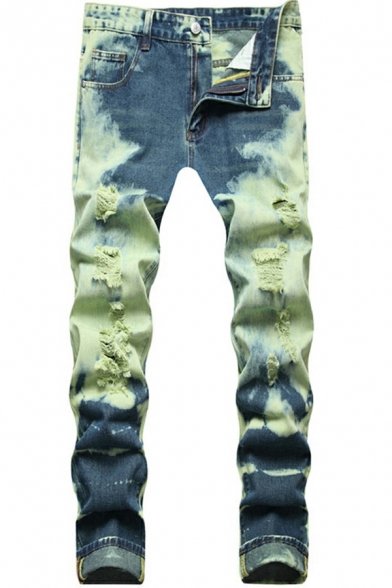 Chic Mens Jeans Medium Wash Tie Dye Print Zipper Fly Slim Fitted Long Jeans