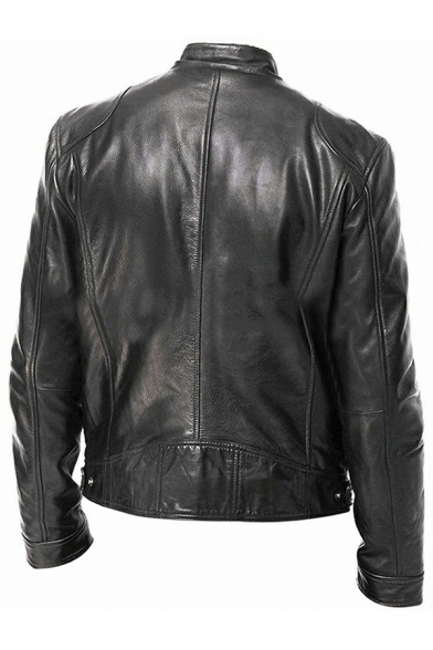 Cool Men's Leather Jacket Solid Color Pocket Detail Zip-Fly Long-Sleeved Stand Collar Fitted Leather Jacket