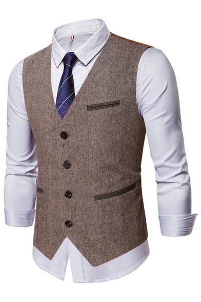 Dashing Mens Waistcoat Solid Color V-Neck Chest Pockets Single-Breasted Fitted Vest