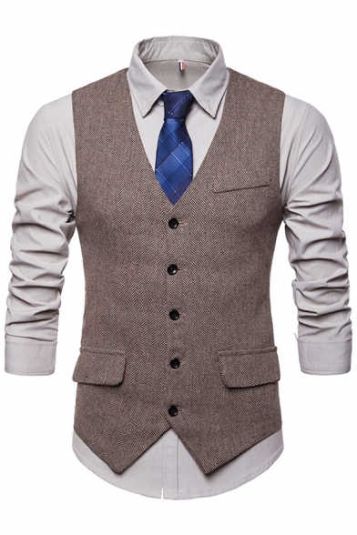 Elegant Suit Vest Solid Color Flap Pockets Single-Breasted V-Neck Slim-Cut Waistcoat for Men