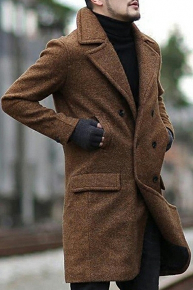 Elegant Woolen Coat Plain Flap Pockets Long-Sleeved Lapel Collar Double ...