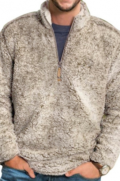 Fashionable Men's Sweatshirt Fleece Fur Zip Stand Collar Long Sleeve Regular Fit Thickened Sweatshirt