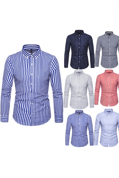 Formal Men's Shirt Stripe Print Buttoned Collar Long Sleeve Button Up Fit Shirt Top