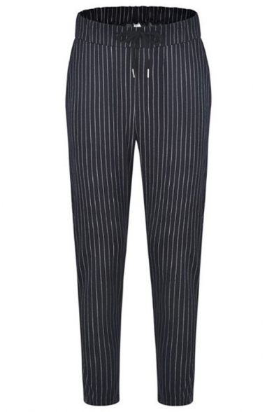 Formal Mens Pants Stripe Printed Drawstring Waist Ankle Length Tapered Pants