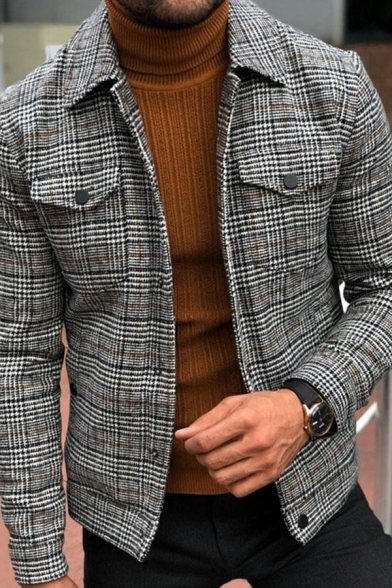 Guys Chic Jacket Plaid Print Chest Pockets Button up Turn-Down Collar Long Sleeve Fitted Jacket in Gray