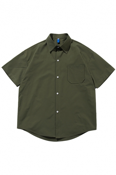 Leisure Mens Shirt Solid Color Chest Pocket Half Sleeve Turn-down Collar Button Up Loose Shirt